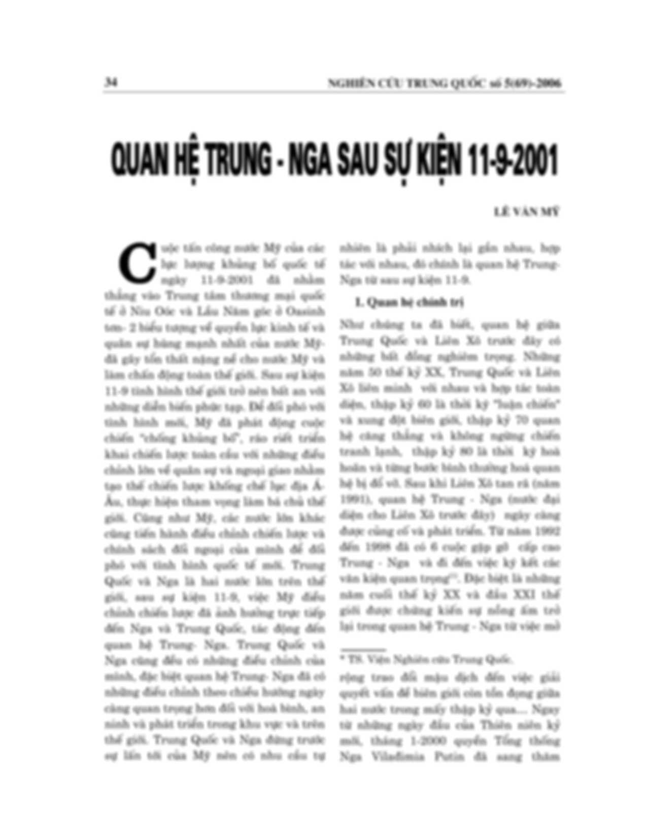 Quan hệ Trung - Nga sau sự kiện 11-9-2001 (Lê Văn Mỹ)