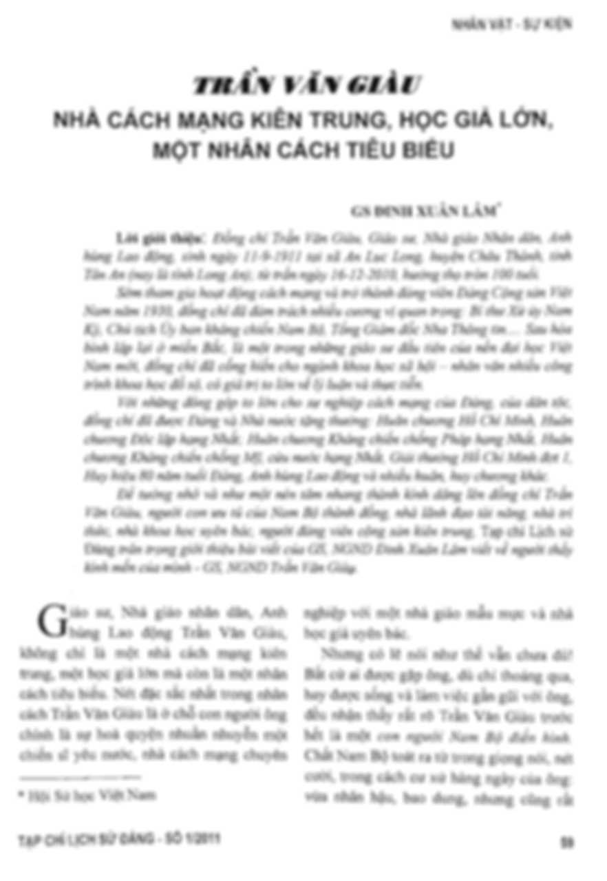 Trần Văn Giàu, nhà cách mạng kiên trung, học giả lớn, một nhân cách tiêu biểu - Đinh Xuân Lâm